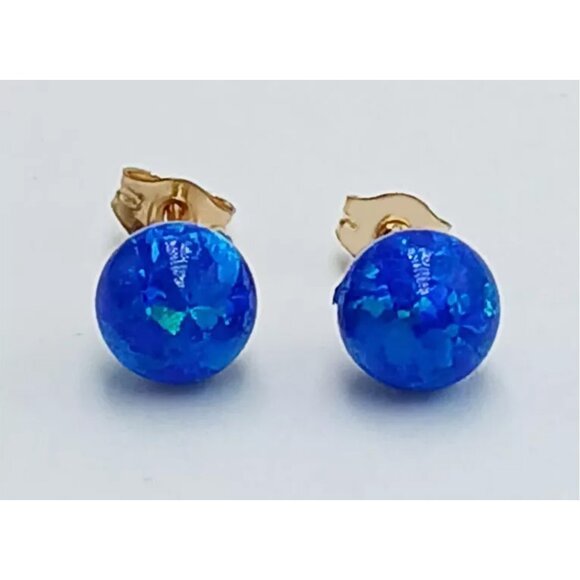 Genuine 0.72 Cts Blue Opal Stud Earrings 14k Gold